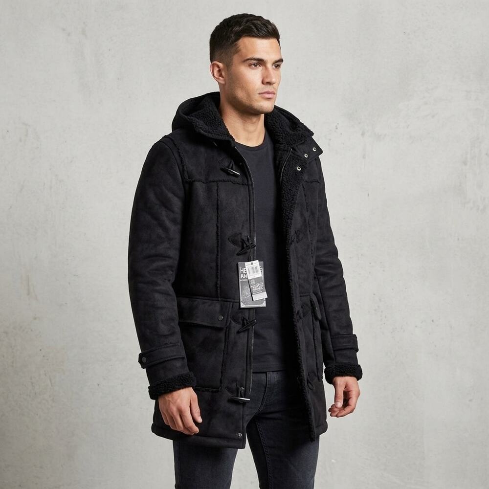 Heritage America Faux Shearling Duffle Coat Mens Small Black Hooded Outdoor NWT